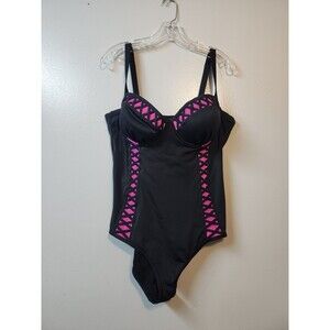 Torrid Black Lattice & Pink Peekaboo Push-Up Demi Swimsuit Size 1